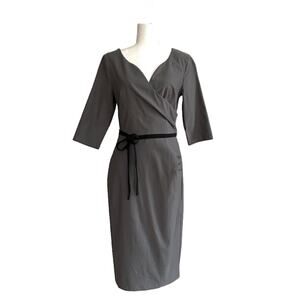MUXXM Dress Gray Stretch Faux Wrap V-Neck 3/4 Sleeve Belted Dress Size Large NEW